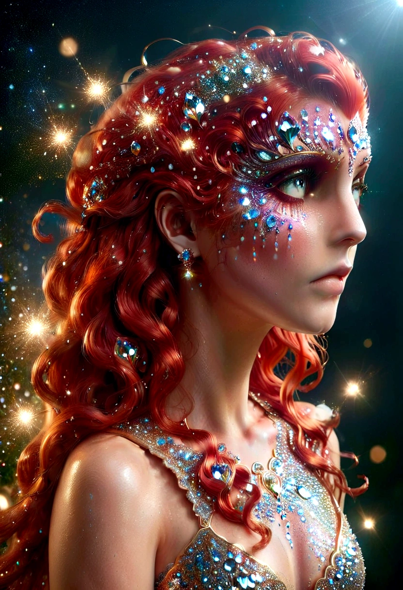 sparklecore, sparkle, depth of field, 1girl, long dress, asymmetrical hair, red hair, sparklecore makeup, sparklecore eyes, sparklecore tears, crying,