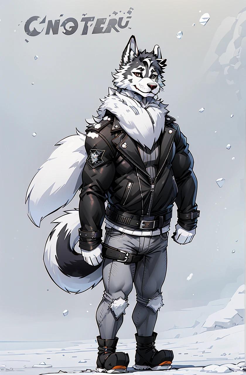 Engrilklenus, husky dog, arctic, strong, muscular, leather jacket, winter pants, snow boots, tail, white paws, black and white fur, star patch