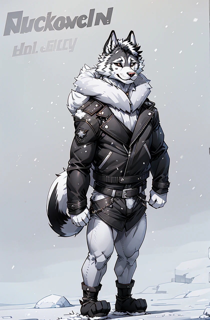 Engrilklenus, husky dog, arctic, strong, muscular, leather jacket, winter pants, snow boots, tail, white paws, black and white fur, star patch