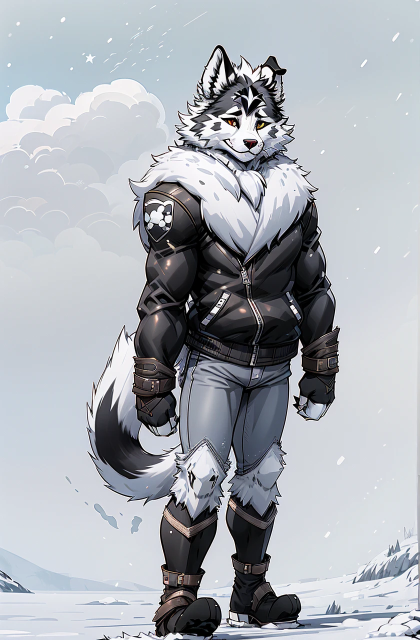 Engrilklenus, husky dog, arctic, strong, muscular, leather jacket, winter pants, snow boots, tail, white paws, black and white fur, star patch