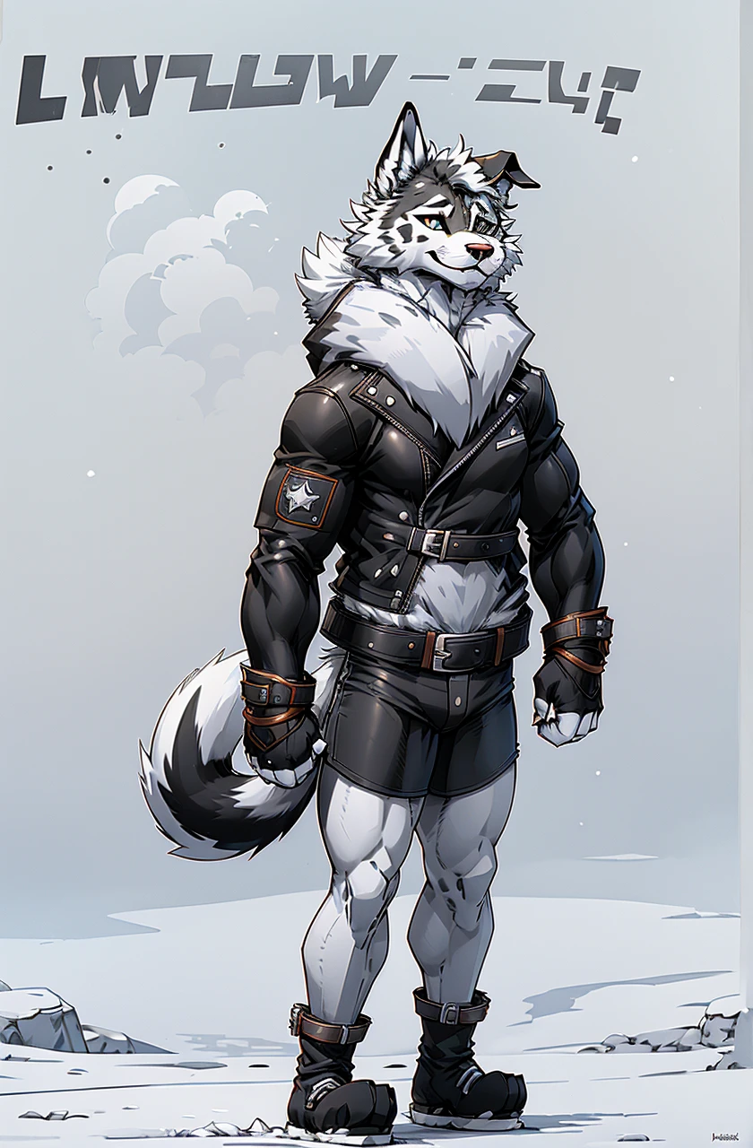 Engrilklenus, husky dog, arctic, strong, muscular, leather jacket, winter pants, snow boots, tail, white paws, black and white fur, star patch