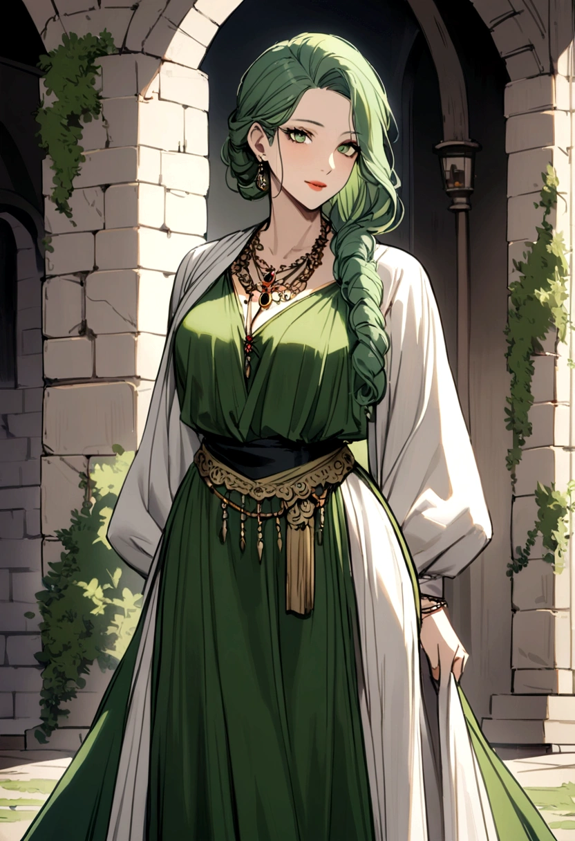 36 year old woman, even with some wrinkles its beauty is remarkable, with her beautiful moss green hair with some gray streaks due to age in medieval times, wearing long clothes