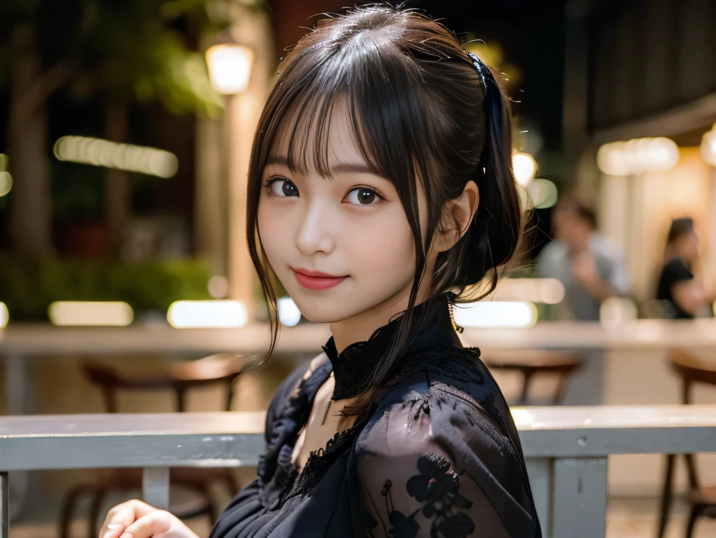 (highest quality,masterpiece:1.3,Ultra-high resolution),(Super detailed,Caustics,8k), (Photorealistic:1.4, RAW shooting),Before dawn,Magic Hour,Dusk,Japanese,20-year-old,smile,Black Hair Middle Hair,Black Shirt,Bust up shot,