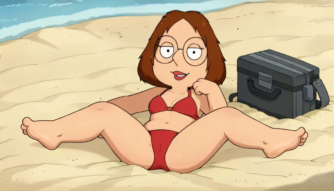 meg, (((1girl, solo, alone, short brown hair, glasses))), shortstack, flat color, looking at viewer, smile, parted lips,
((( red bikini ,sitting on back, spread legs ))),
sexy pose, dynamic pose, dynamic angle, cowboy shot,
outdoor, beach, day,
