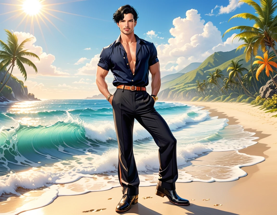 1 Male, chiseled face, medium straight black hair, Summer, Boots, long pants, beach background, bright sunlight, ocean waves, tropical setting, consistent fashion, aristocratic presence, stylish pose, full-body shot, emphasizing long pants, 