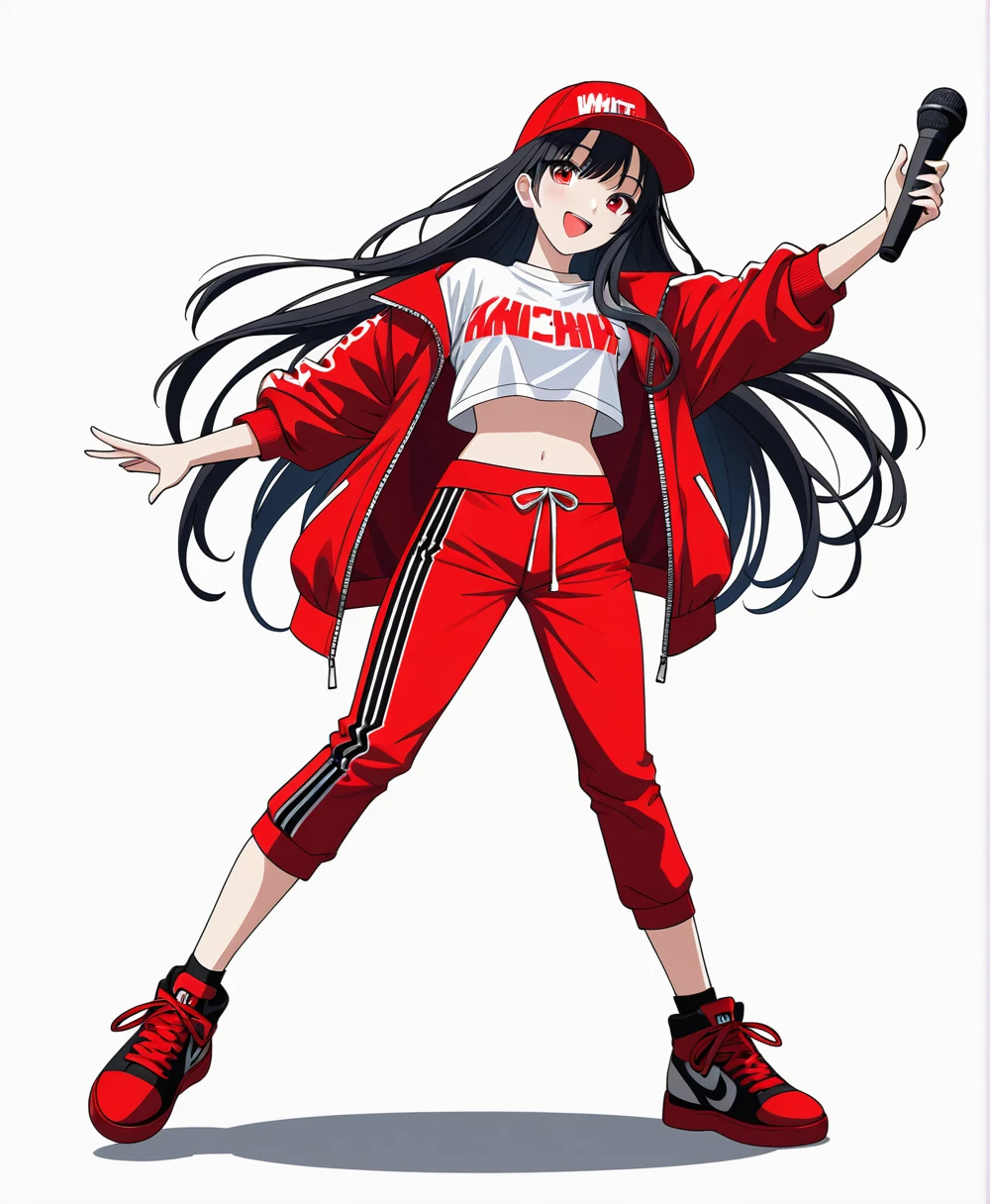 ((((White background)))), ((((Full body)))), Black Hair, Long Hair, Baseball Cap, Anime Style, beautiful girl, Red eyes, Hip Hop Clothes, Red clothes, Hold the microphone, Dynamic Angle, 4K, 8K, smile, Open your mouth, singing, sexy,