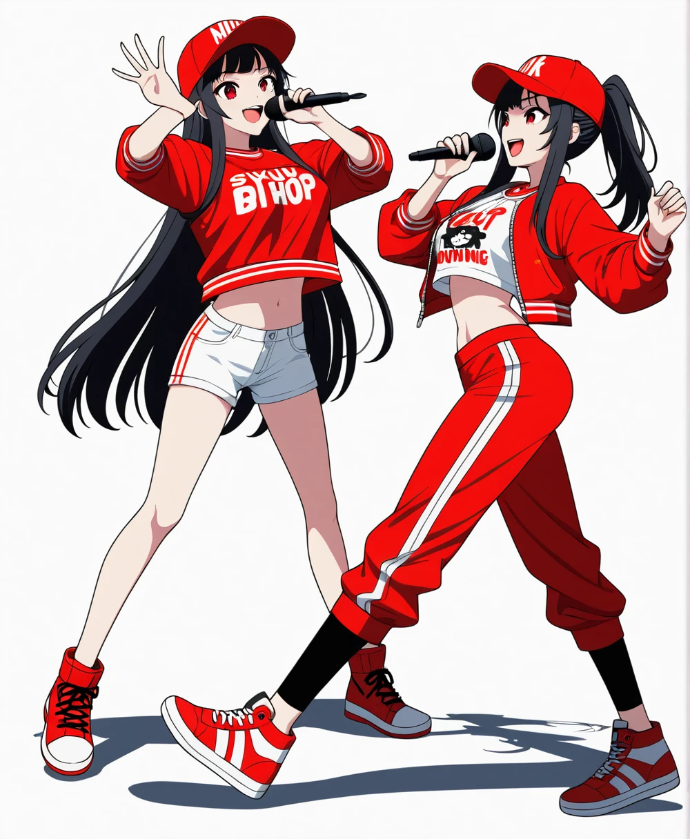 ((((White background)))), ((((Full body)))), Black Hair, Long Hair, Baseball Cap, Anime Style, beautiful girl, Red eyes, Hip Hop Clothes, Red clothes, Hold the microphone, Dynamic Angle, 4K, 8K, smile, Open your mouth, singing, sexy,