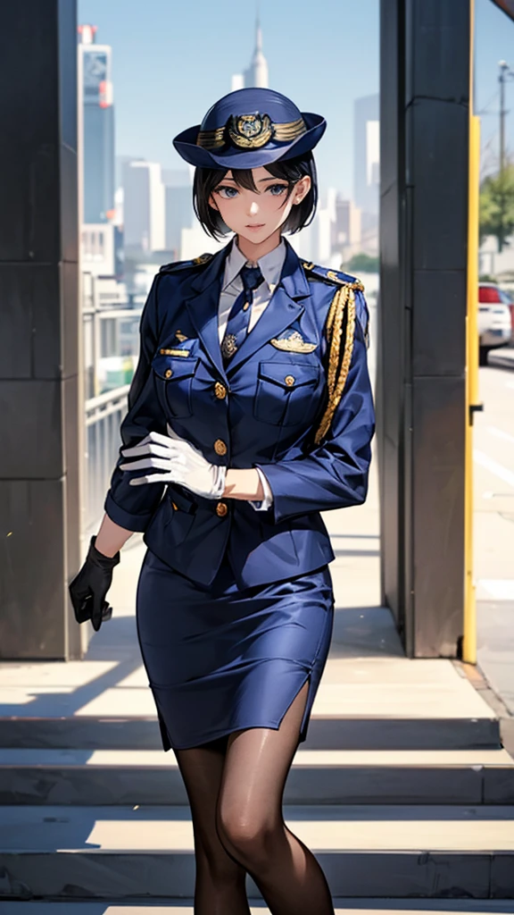 Highest quality、masterpiece、8K、Realistic、超High resolution、Very delicate and beautiful、High resolution、Cinema Lighting、medium range shooting、Perfect female body、Beautiful woman、Mature Woman、Beautiful Eyes、Cityscape、(short hair:1.8、Black Hair)、((Female police officer:1.4、紺色のFemale police officer、Female police officerの制帽、Uniform Buttons、Navy blue tie、Uniform jacket、White gloves))、pantyhose、Pencil Skirt、Stiletto heel pumps、Police Badge、Epaulettes、