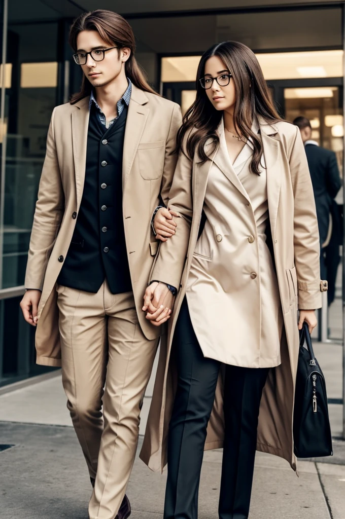 Generate an image that is like an anime drawing where there are two young people, the young man with glasses with his stethoscope and white coat with doctor's clothes for the man and a woman who is with glasses with long hair and hair on the side with her laptop in hand and is dressed in a beige jacket for the woman and black dress and they are holding hands. Plus a Yorkie puppy in a suit.