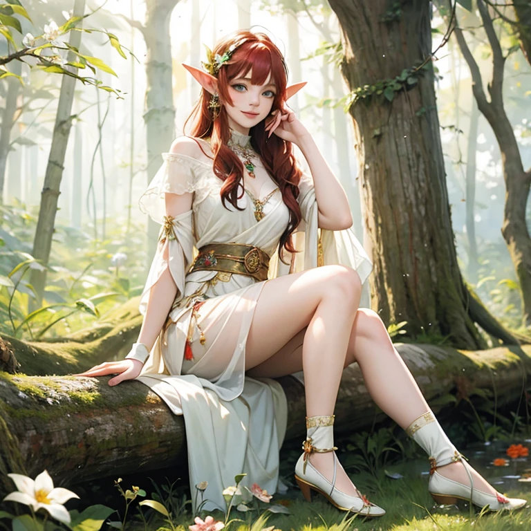 (watercolor: 1.2), elf princess, flower, freckles, bangs, redhead, long hair, green eyes, hair between eyes, flower earrings,Full body, sitting on a log in the middle of the forest, smiling, quite delicate, blurred background, high resolution