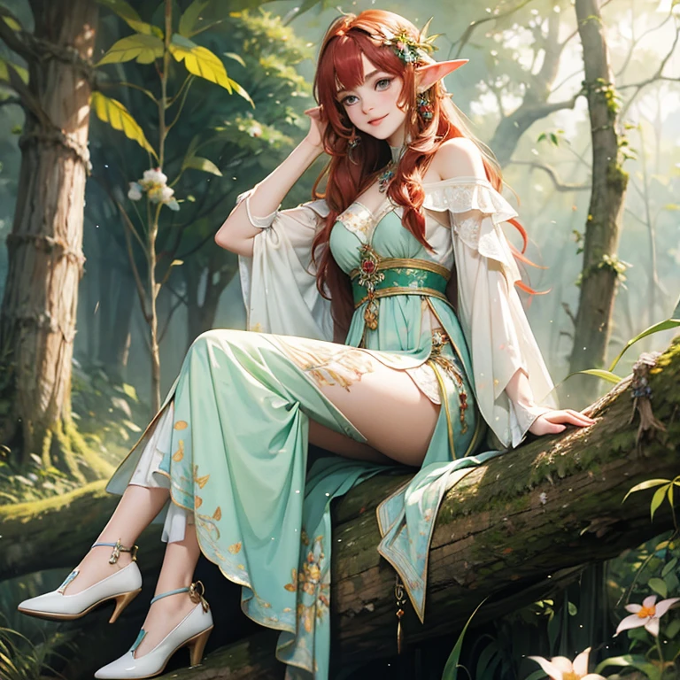 (watercolor: 1.2), elf princess, flower, freckles, bangs, redhead, long hair, green eyes, hair between eyes, flower earrings,Full body, sitting on a log in the middle of the forest, smiling, quite delicate, blurred background, high resolution