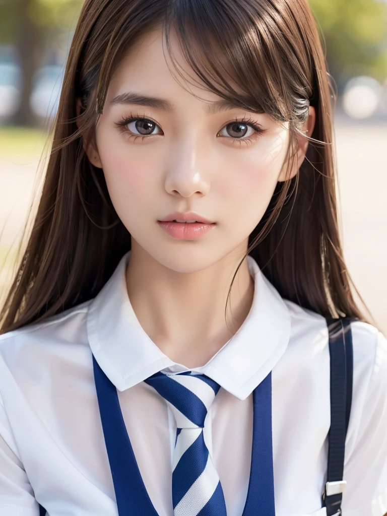(Tabletop:1.4, Photorealistic:1.4, 8K), Highest quality, masterpiece, Ultra-high resolution, Perfect dynamic composition, Big Face、Round face、((Light brown hair, Long Hair, Layered Hair))、Highly detailed skin and facial textures:1.3, Limb details, 1 Girl, Cute sexy 22 year old woman, (Sunburn:1.0), ((Totally captivates you:0.9)), ((school uniform, White collar short sleeve shirt, Striped tie)),Medium Chest, (Distant eyes, Beautiful Eyes, Brown eyes、Beautiful erotic eyes:0.85), Sexy Face:0.4, (Mouth closed、Small Mouth、Thick lips、A taste of beautiful eroticism:0.85), ((Too cute beauty:0.9))、Gal Makeup、((Extreme close up))