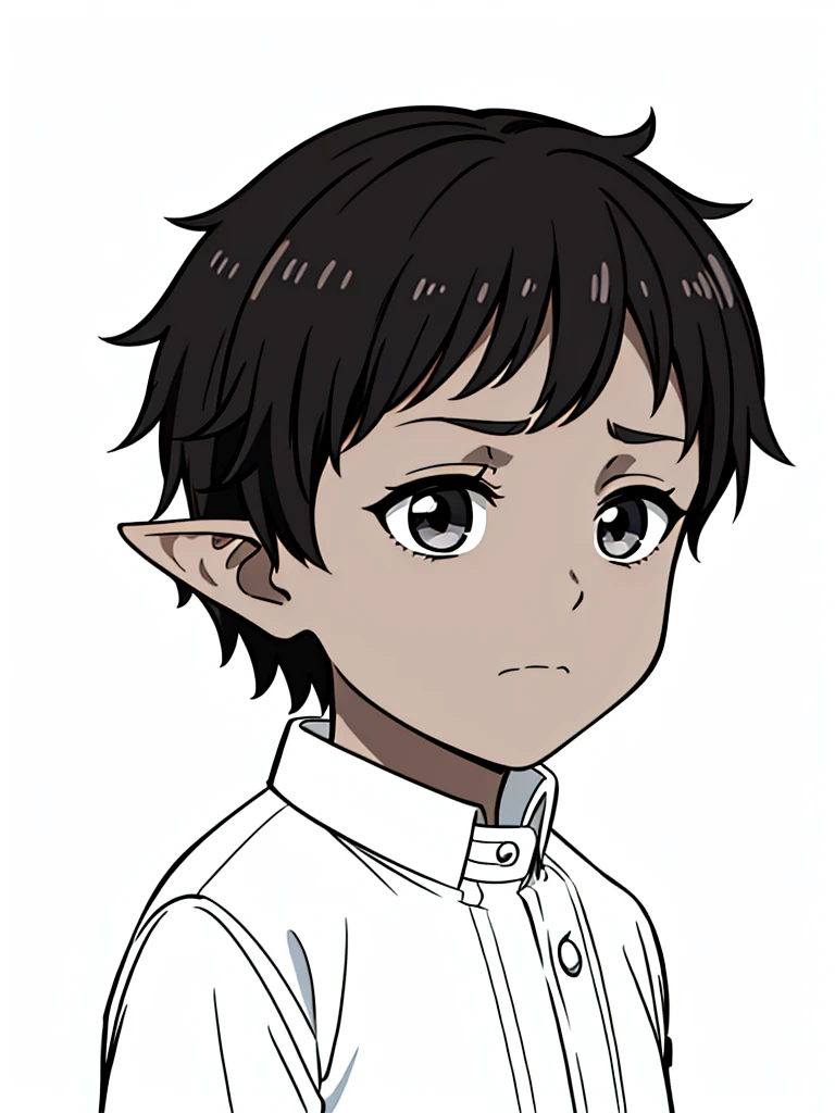 (1boy,8 ,solo,kid),((dark skin)),short hair,black hair,elf ears,(horns),portrait,from side,sad,(white background,line drawing)