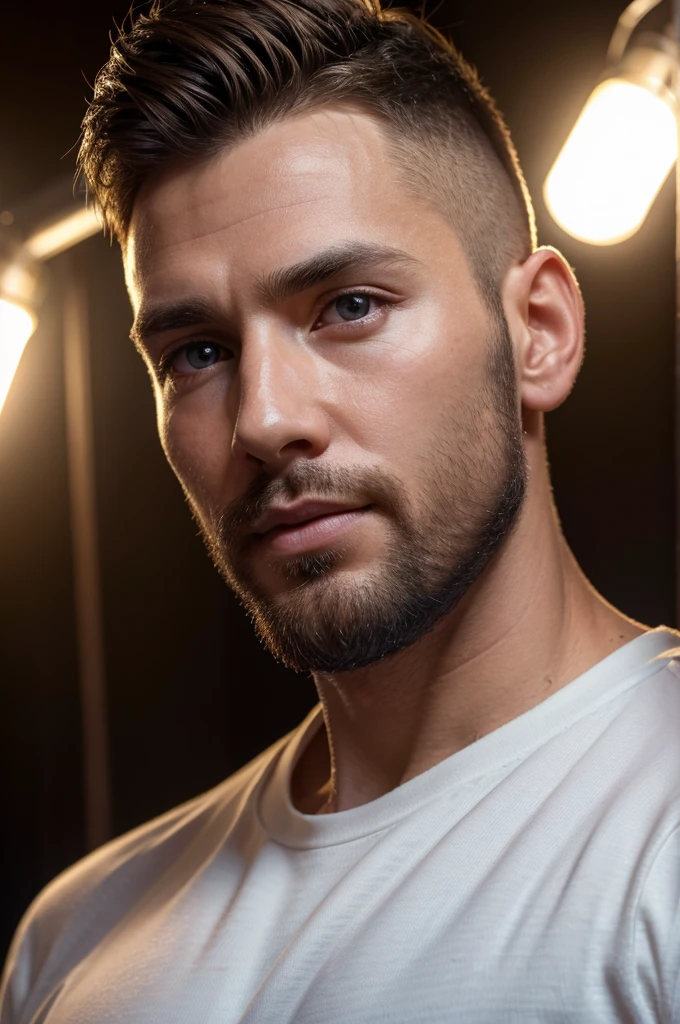 (8K、RAWE Photo、Highest quality、masterpiece:1.2)、(Real、Photorealistic:1.37)、Super detailed、Ultra-high resolution、1 male、Beautiful detailed face、(Feather Cut: 0.6)、Professional Lighting、The lighting is bright、Actor、model、Full body、Wide-angle shot、Daytime、bright , simple background ,Simple Background、Slender、beard、front、Face close-up、