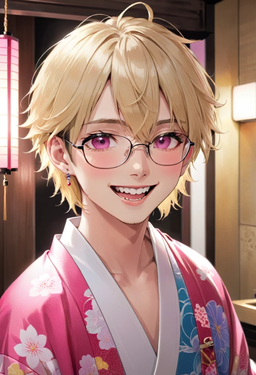 solo, Masculine, looking at viewer, smile, short hair, open mouth, bangs, blonde hair, 1boy, jewelry, upper body, male focus, earrings, japanese clothes, glasses, teeth, tongue, indoors, tongue out, pink eyes, kimono, piercing, ear piercing, portrait, tongue piercing, blinds Hairdresser,