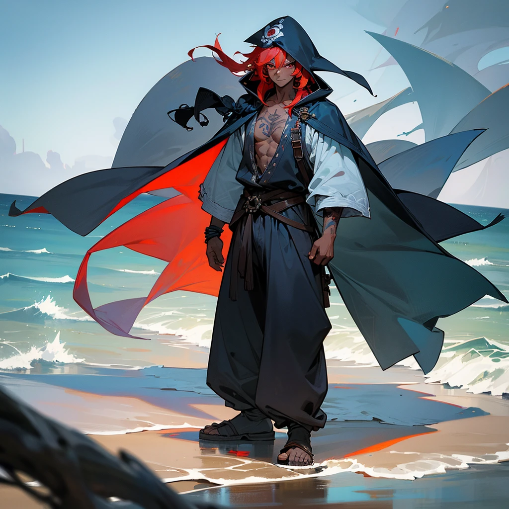 1male,  adult, dark skin, finely detailed red eyes, wild medium hair, pale blue hair color, pirate clothing, oversized hood, baggy pants, standing on coast, day time, beach, somber expression, muscular, flowers, tattoos
