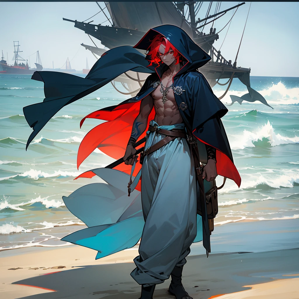 1male, ***** adult, dark skin, finely detailed red eyes, wild medium hair, pale blue hair color, pirate clothing, oversized hood, baggy pants, standing on coast, day time, beach, somber expression, muscular, flowers, tattoos