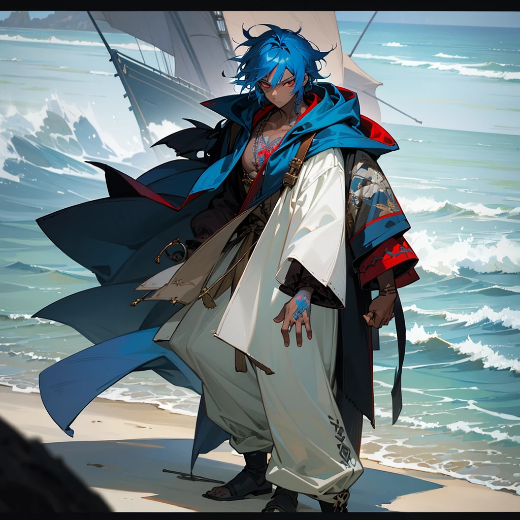 1male,  adult, dark skin, finely detailed red eyes, wild medium hair, pale blue hair color, pirate clothing, oversized hood, baggy pants, standing on coast, day time, beach, somber expression, muscular, flowers, tattoos
