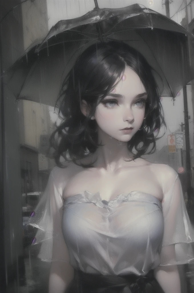 ((Highest quality, 8K, masterpiece:1.3)), concentrated:1.2, Perfect Body Beauty:1.4, Hips:1.2, ((Layered Haircut, chest:1.2)), (Wet clothes:1.1) , (rain, street:1.3), Bandeau dress: 1.1, Highly detailed face and skin texture, Beautiful Eyes, double eyelid, White skin, Long Hair, (shut up: 1.3)