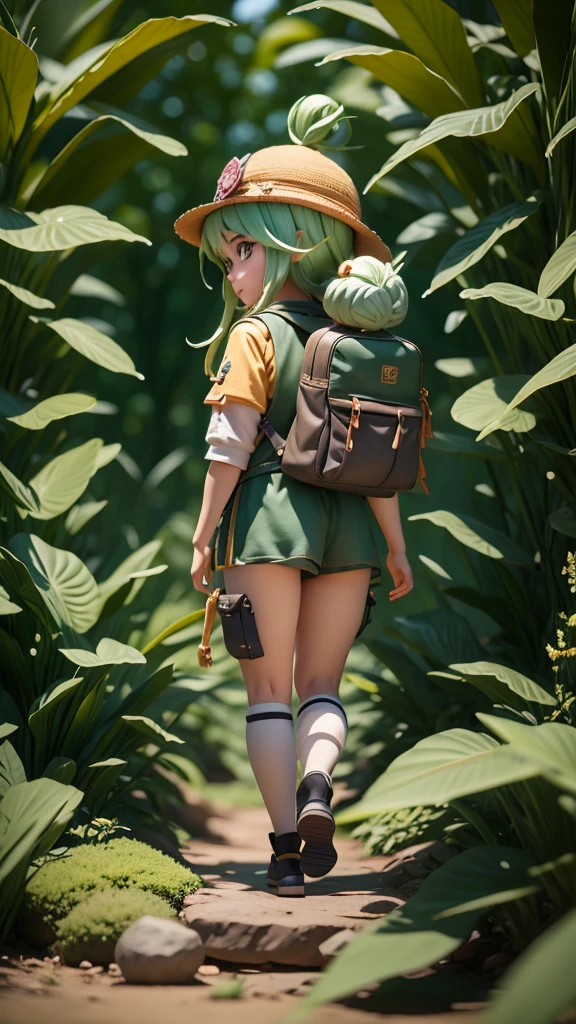 There is a poster of a cartoon character wearing a hat and a backpack., Female Explorer Mini Cute Girl, walking in a wilderness, Flower Jungle, Animation-style rendering, Cute 3D rendering, small character. Unreal Engine 5, Stylized anime, Cute and detailed digital art, Atei Gailan 8K, Stylized 3D rendering, Adventure surreal rendering, Anime style 3D, 3D rendering style