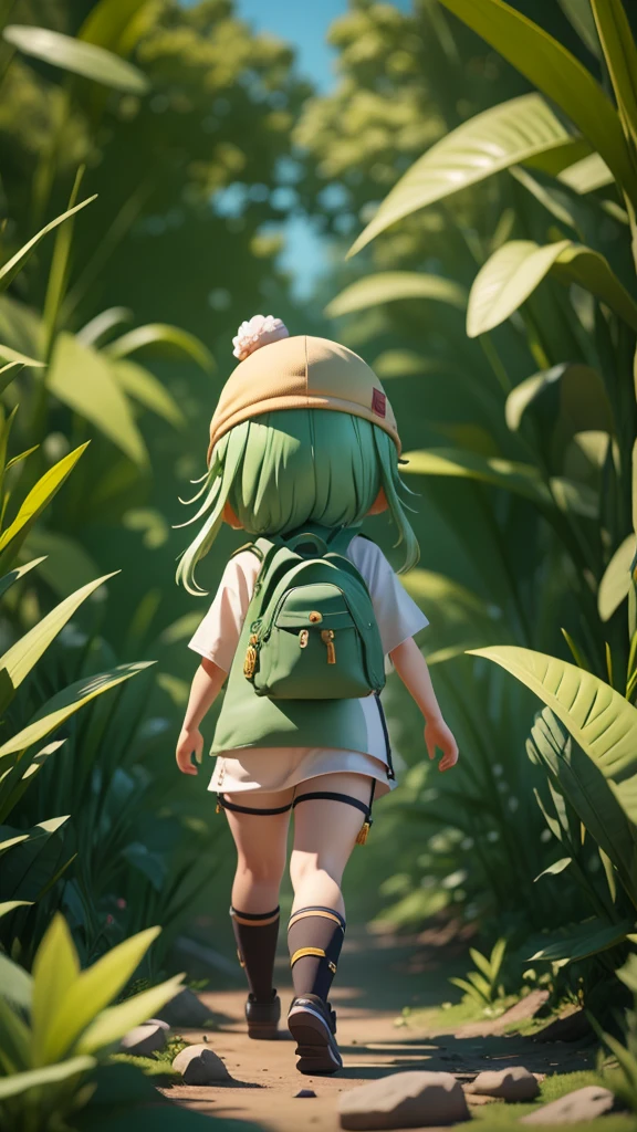 There is a poster of a cartoon character wearing a hat and a backpack., Female Explorer Mini Cute Girl, walking in a wilderness, Flower Jungle, Animation-style rendering, Cute 3D rendering, small character. Unreal Engine 5, Stylized anime, Cute and detailed digital art, Atei Gailan 8K, Stylized 3D rendering, Adventure surreal rendering, Anime style 3D, 3D rendering style