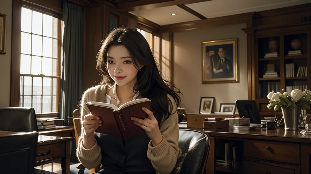 Best Picture Quality, Cinematic Texture Shot, Exquisite Face, Beautiful Face, 20 year old Female, Smiling,
, Indoor Scene, Office, Sitting, Reading