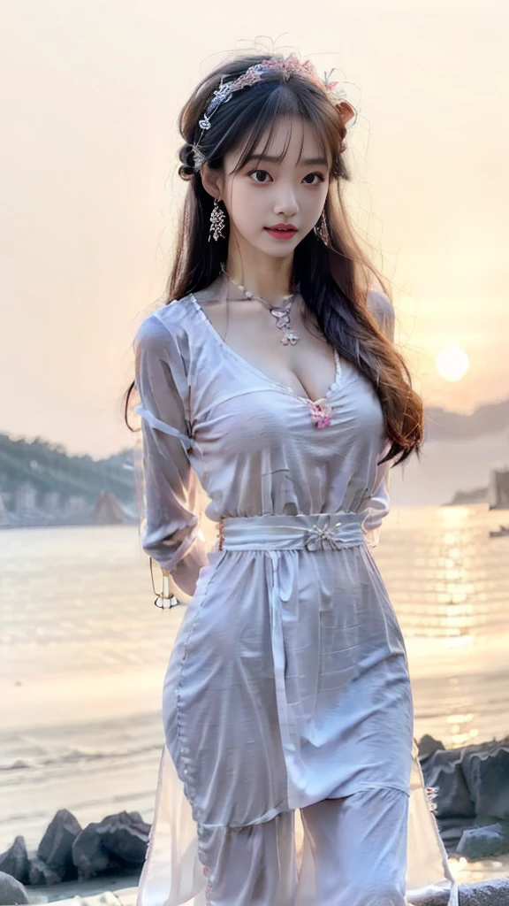 Korean fashion model 18 years old [[[[Close-up cleavage]]]], [[[[]]]], [[[[Cole]]]], [[[[bshoulder]]]], perfect eyes, perfect iris，perfect lips，perfect teeth，perfect skin，fair skin，Soft headlight，human development report，girl，casual，Chinese costume heroine，Chinese martial arts style，Chinese martial arts costumes，simple hairstyle，Smile，The background is the field，rivers，4K Ultra HD, ultra high resolution, (lifelike: 1.4), best quality，masterpiece，Ultra-diluted，（pastel colors：1.2），Super huge，Cleavage