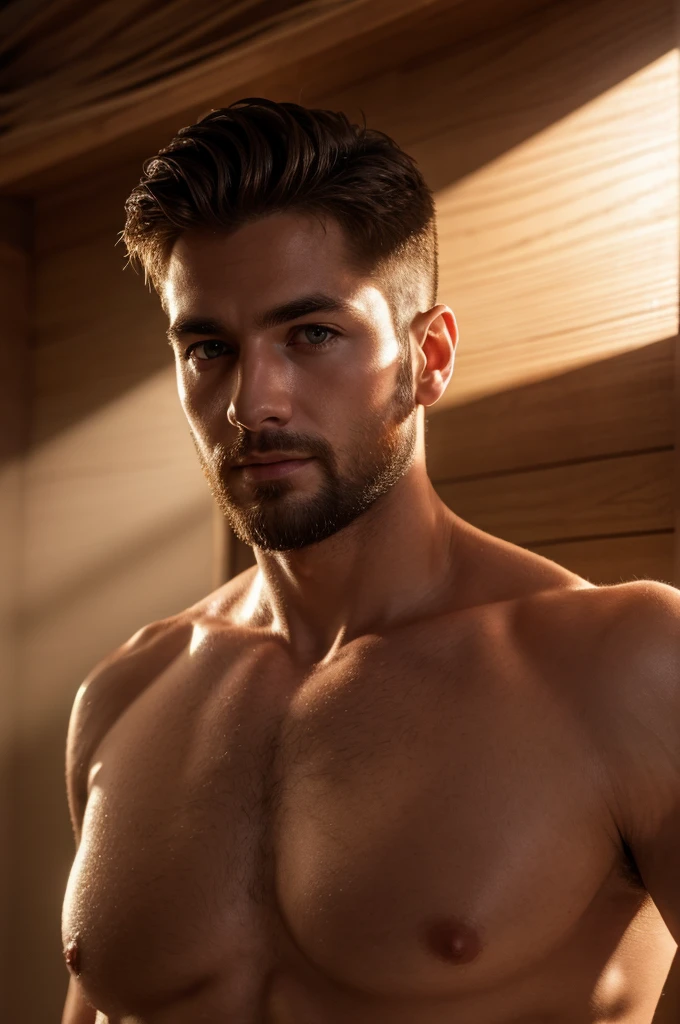 (8K、RAWE Photo、Highest quality、masterpiece:1.2)、(Real、Photorealistic:1.37)、Super detailed、Ultra-high resolution、1 male、Beautiful detailed face、(Feather Cut: 0.6)、Professional Lighting、The lighting is bright、Actor、model、Full body、Wide-angle shot、Daytime、bright , simple background ,Simple Background、Slender、beard、front、Face close-up、Straight、