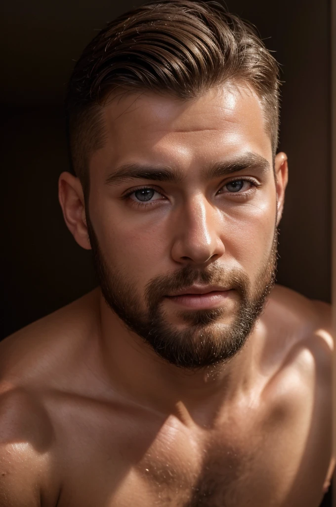 (8K、RAWE Photo、Highest quality、masterpiece:1.2)、(Real、Photorealistic:1.37)、Super detailed、Ultra-high resolution、1 male、Beautiful detailed face、(Feather Cut: 0.6)、Professional Lighting、The lighting is bright、Actor、model、Full body、Wide-angle shot、Daytime、bright , simple background ,Simple Background、Slender、beard、front、Face close-up、Straight、
