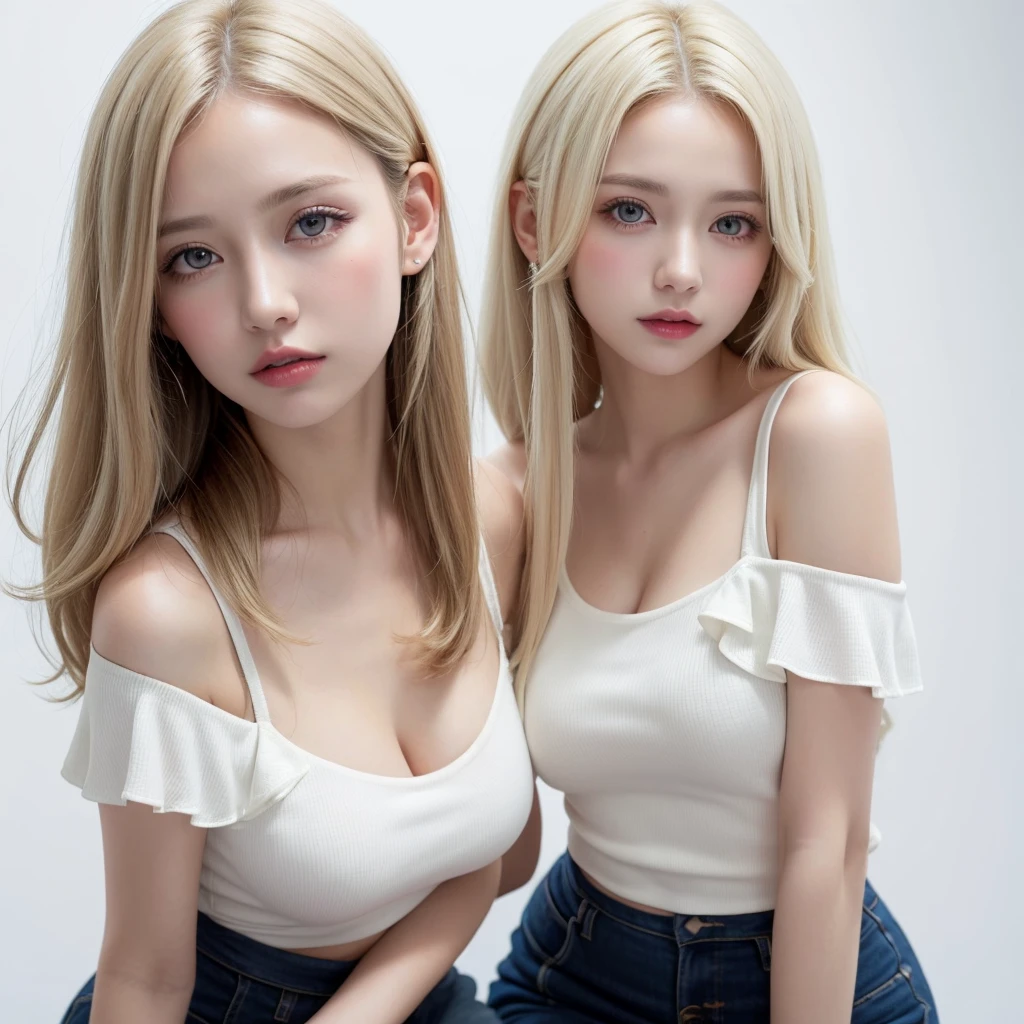 (((forehead、White Blonde Hair、Northern Europe、White people、beautiful girl、Blonde、White background、Tank top、Off-the-shoulder blouse、mini skirt、long hair、Perm)))、table top, highest quality, figure, super detailed, finely, High resolution, 8k wallpaper, Perfect dynamic composition, detailed and beautiful eyes, Deco out,bionde, medium hair, super big breasts, Natural color lip,white background, random cute poses,frill dress