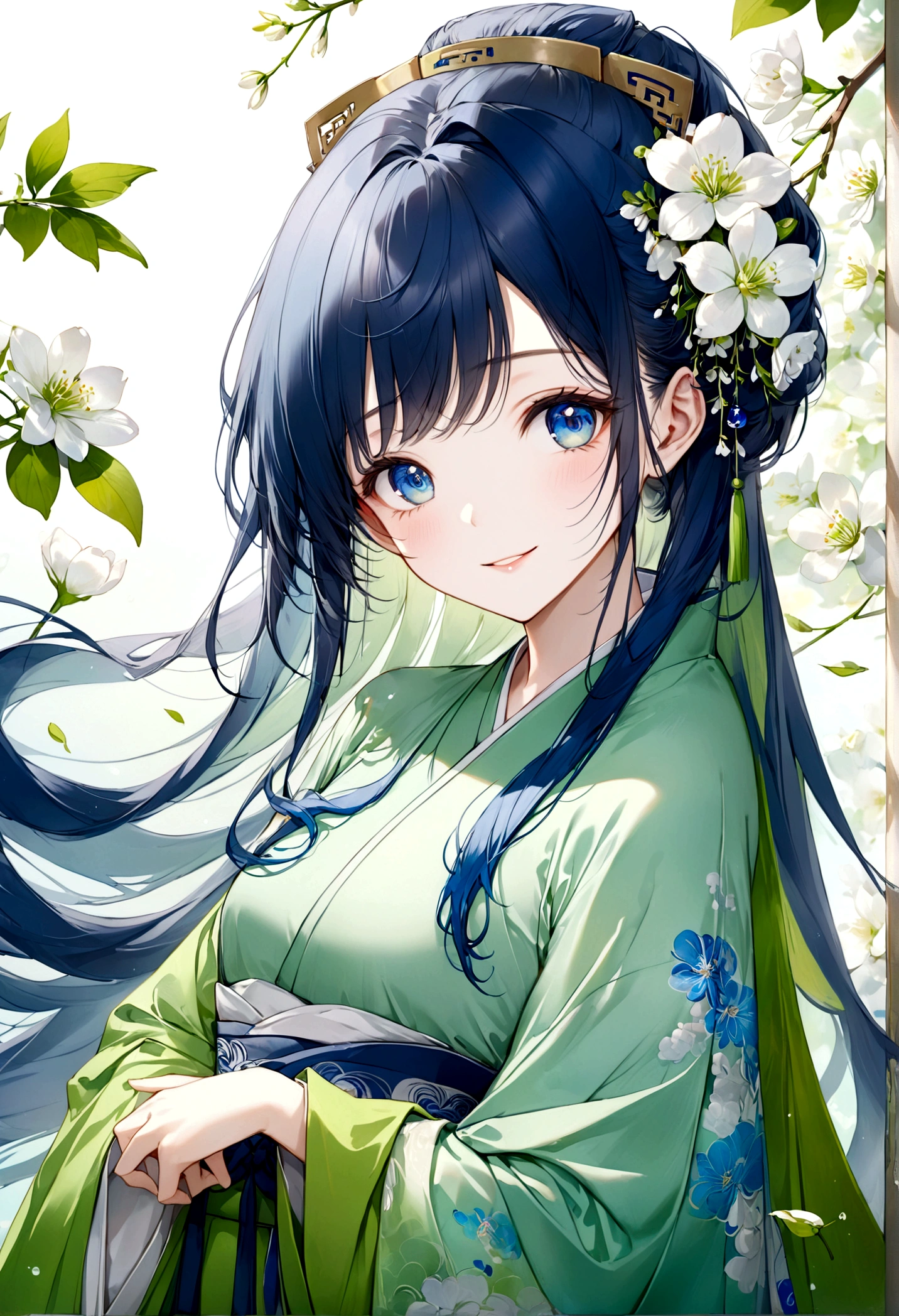 ((Top quality)), ((masterpiece)), ((Ultra Detailed)), (Extremely refined), Beautiful woman, Bright light blue hair, Long hair, Sapphire blue eyes, Traditional Chinese hairstyle, Wearing beautiful Hanfu, Pure green Hanfu, Flowing Shawl, The shawl is pure spring green, sweet smile, Relaxed expression, Fair skin, Delicate white flower background