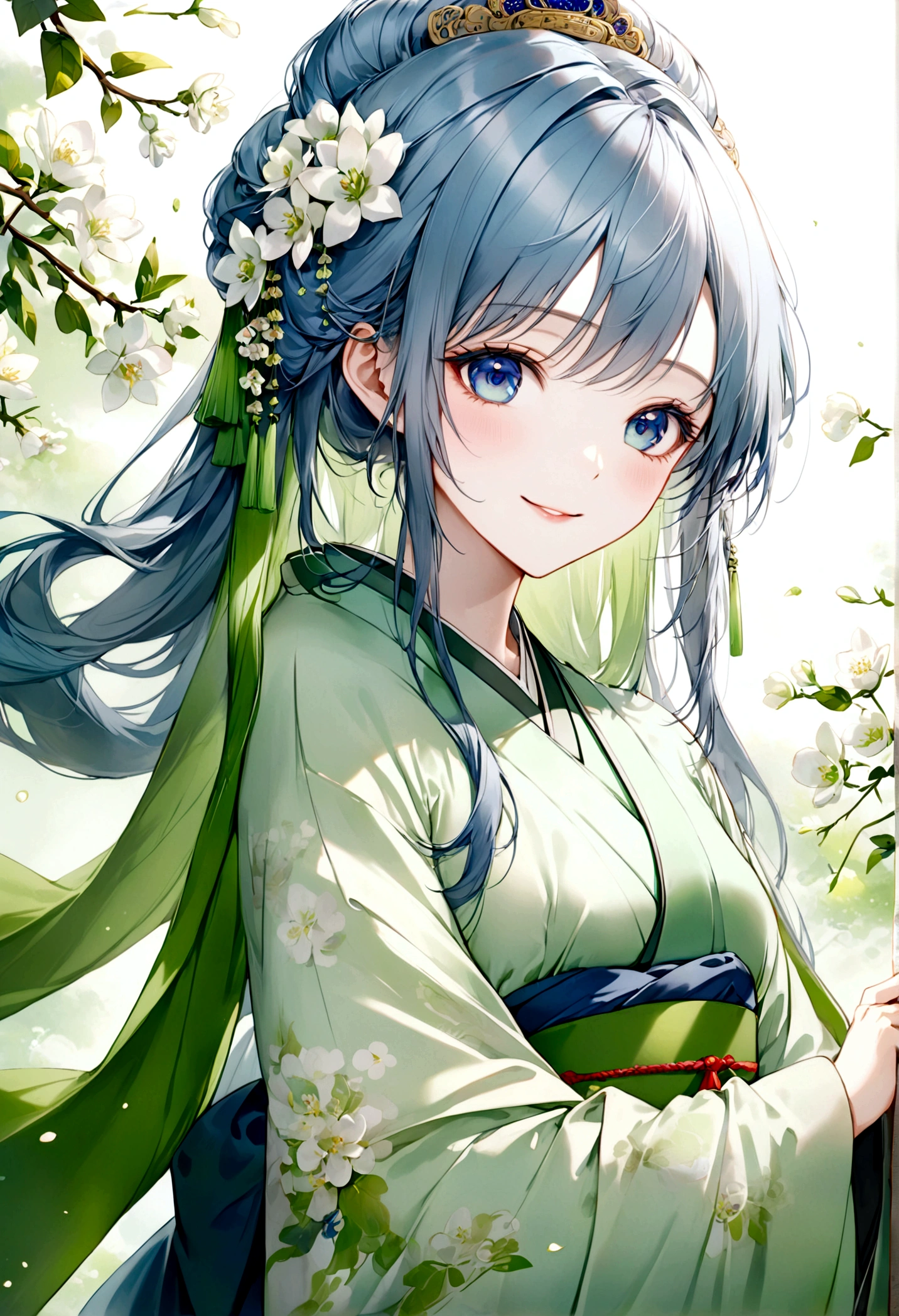 ((Top quality)), ((masterpiece)), ((Ultra Detailed)), (Extremely refined), Beautiful woman, Bright light blue hair, Long hair, Sapphire blue eyes, Traditional Chinese hairstyle, Wearing beautiful Hanfu, Pure green Hanfu, Flowing Shawl, The shawl is pure spring green, sweet smile, Relaxed expression, Fair skin, Delicate white flower background