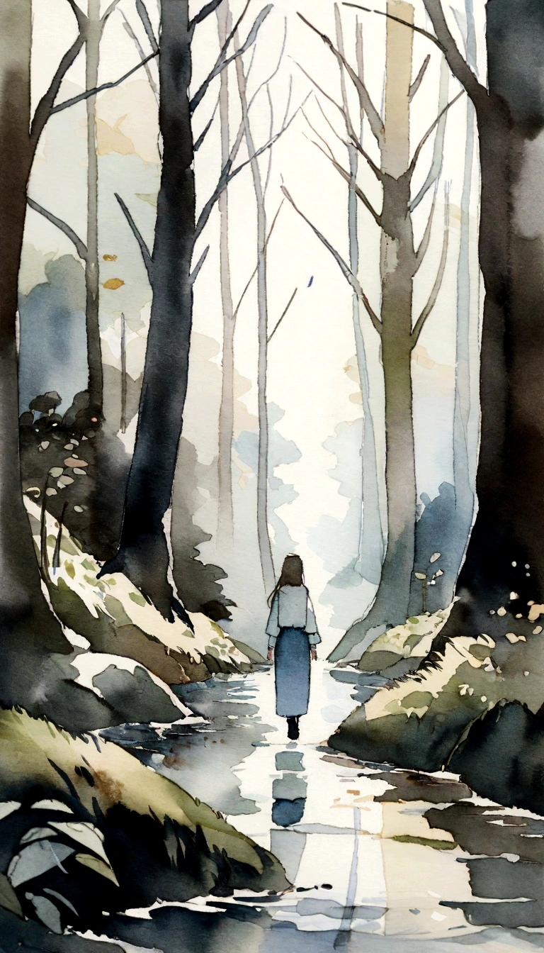 A painting of an angel walking through the forest, at her side there's a river, watercolor painting, high-detail