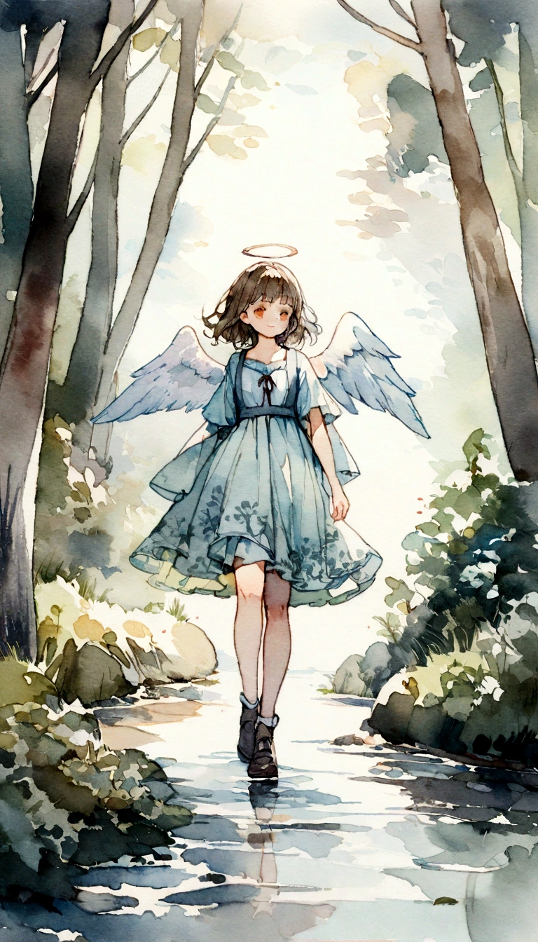 A painting of an angel walking through the forest, at her side there's a river, watercolor painting, high-detail