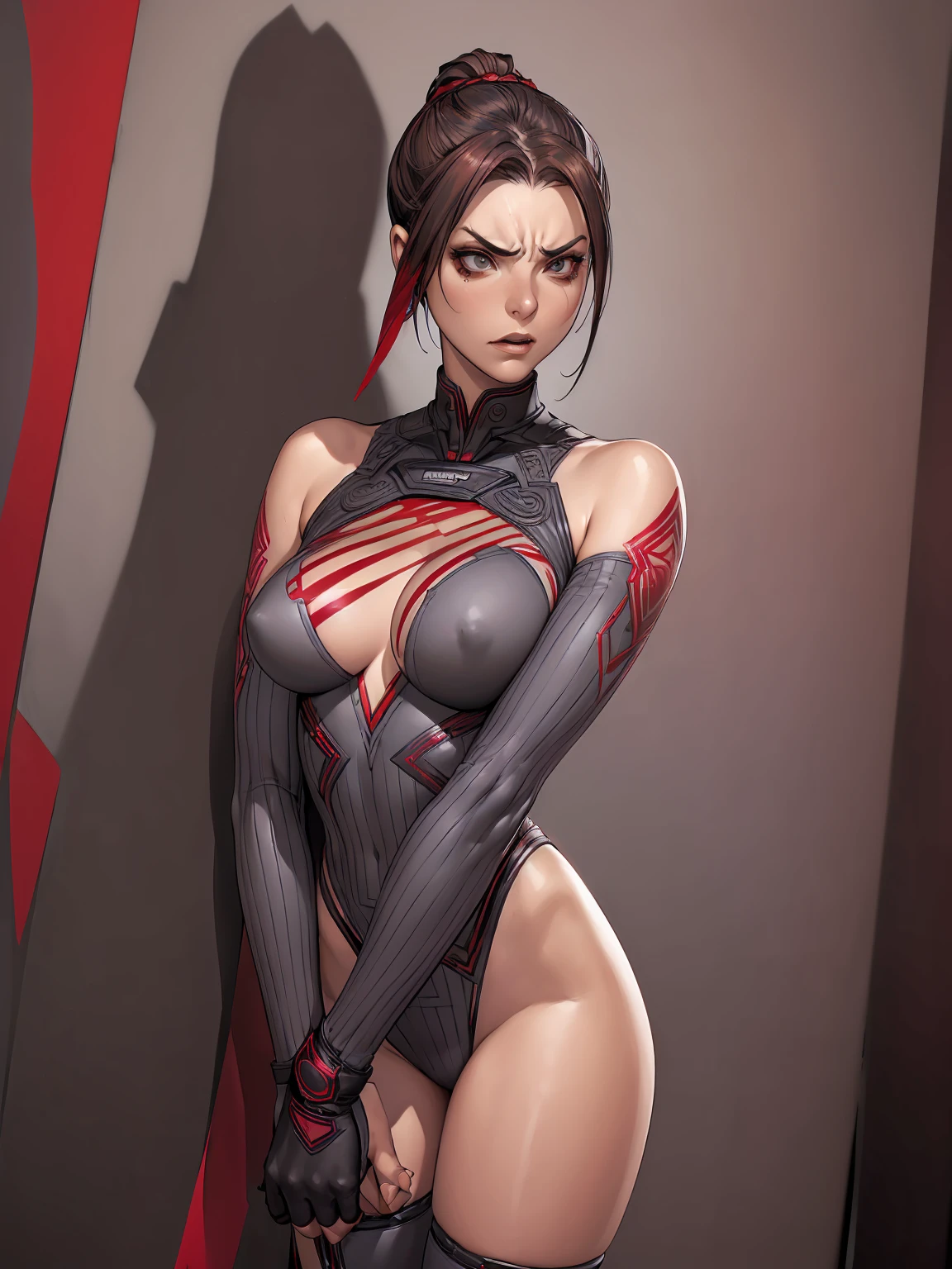 (((best qualityer))), (((perfectbody))), (((1girl))), She is beautiful and deadly, electric powers, lightning comes out of your hands, sparks run through your body, She wears a modern future superhero outfit, your eyes have a red iris, your hair is red pulled back, breasts big, love the league, (((outfit with metallic red and dark gray checkered pattern, Long black boots up to half bare thigh, long black gloves with 3 red stripes, pose de atitude, sexly, Sauvage, expression of hate, Angry, in the background a wall with intricate graffiti done by Shepard Fairey