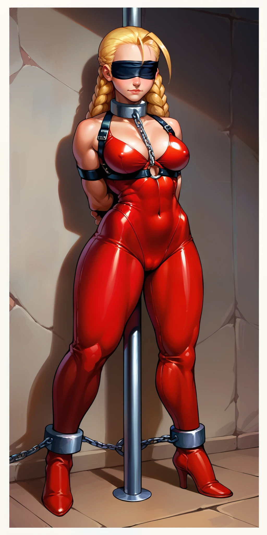 (masterpiece, best quality), intricate details, 1sologirl Cammy White from Street Fighter (standing full body toe to head by wooden pole:1.2) iron collar, arms behind back, iron cuffs, shackles, bound, bondage outfit, harness, o-ring, bondage outfit blindfolded cover eyes, closed mouth happy red cheeks, chain leash collar choker neck bell shackles wristbands bracers bracelets, cleave gag