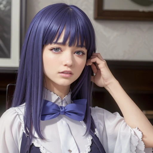 (8K, RAW photo, best quality, masterpiece:1.2),(realistic, photo-realistic:1.4),(extremely detailed 8K wallpaper),(1girl),(beautiful detailed eyes),(beautiful detailed lips),(extremely detailed eyes and face),(long eyelashes),Frederica Bernkastel,purple hair,dress,bowtie,mary janes,purple eyes,whole body,lower angle,seductive pose,armpits