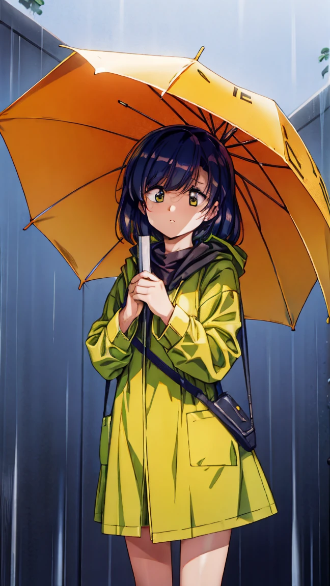 A woman standing in a heavy rainstorm, wearing a bright yellow raincoat. The wind is blowing fiercely, and the raincoat flaps in the wind. The background is dark and stormy with heavy rain pouring down, and the woman is slightly hunched, bracing against the strong wind and rain.