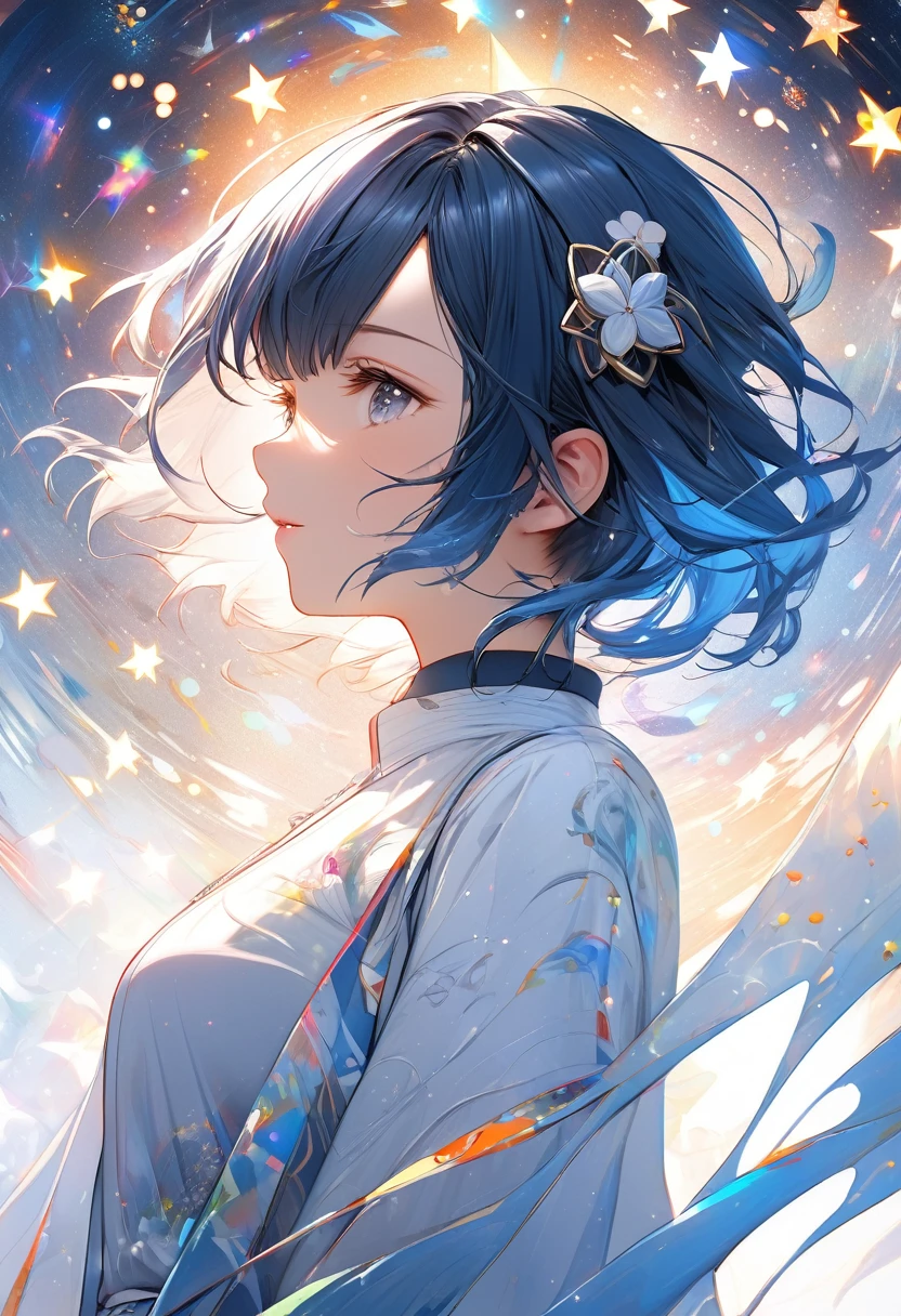 Acrylic painting of a Japanese girl, 星の子, in the star lights, in the space, blending techniques with elements reminiscent of Genshin Impact, showcased with a medley of palette knife and brush strokes, trending on Pixiv Fanbox, high-key palette, soft yet defined. A detailed and intricate illustration of a person with short blue hair adorned, in profile view, wearing a white outfit with a high collar, Masterpiece, Best Quality, flat, Manga Scan, Anime, cinematic lighting, drawn Art, by Studio Trigger, clip studio paint, Anime Wallpaper, Deep Color, Cel-Shaded