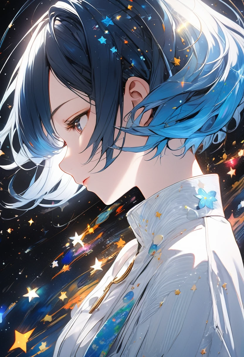 Acrylic painting of a Japanese girl, 星の子, in the star lights, in the space, blending techniques with elements reminiscent of Genshin Impact, showcased with a medley of palette knife and brush strokes, trending on Pixiv Fanbox, high-key palette, soft yet defined. A detailed and intricate illustration of a person with short blue hair adorned, in profile view, wearing a white outfit with a high collar, Masterpiece, Best Quality, flat, Manga Scan, Anime, cinematic lighting, drawn Art, by Studio Trigger, clip studio paint, Anime Wallpaper, Deep Color, Cel-Shaded