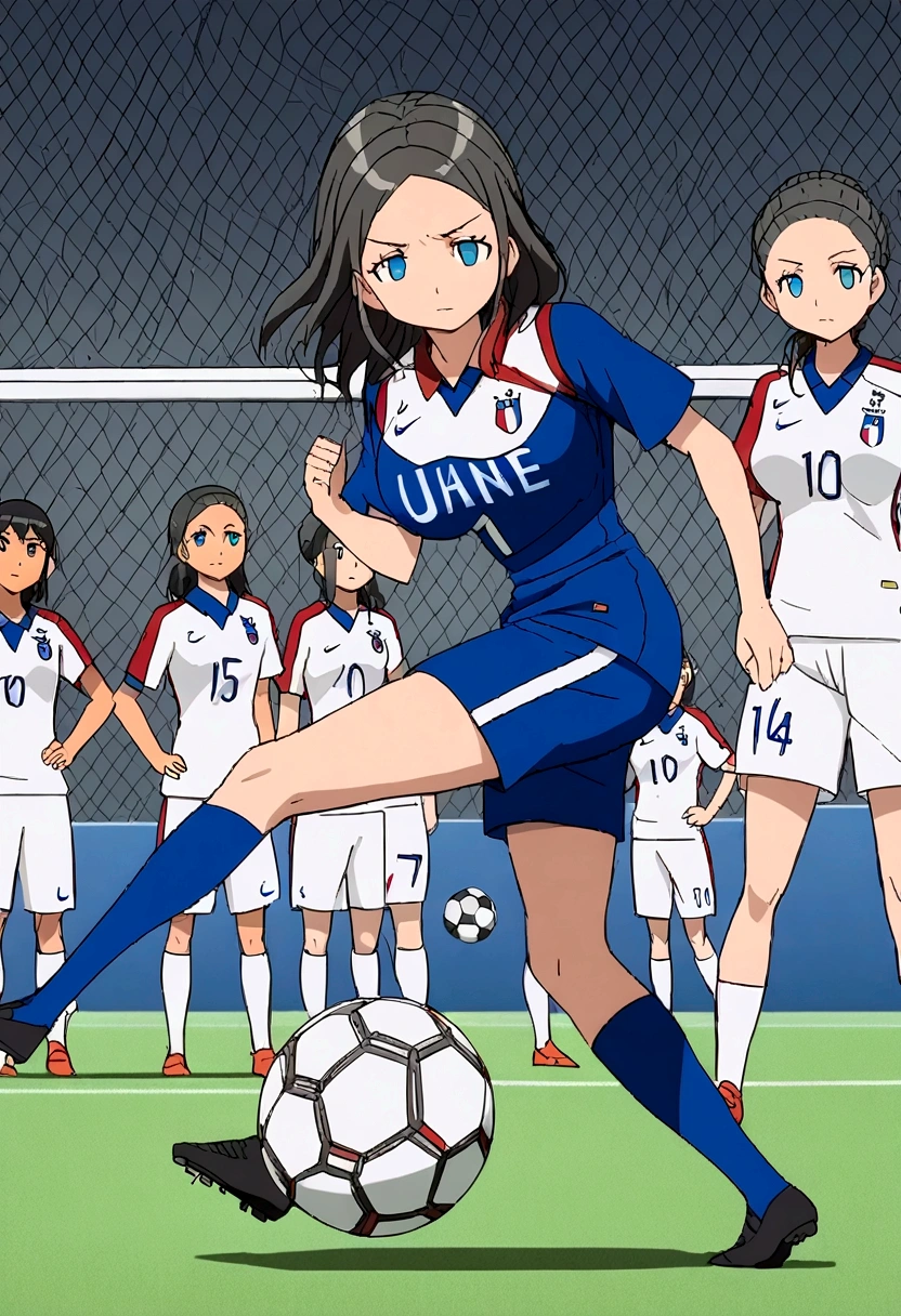 (anime,2D),Women,soccer player,clear skin,thin face ,blue eyes,black hair,wide,fringe,standard height,collected in a queue,big breasts,small waist,long legs,France national team uniform,In a soccer field,kicking the ball.