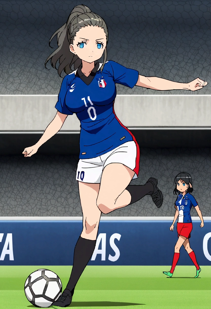 (anime,2D),Women,soccer player,clear skin,thin face ,blue eyes,black hair,wide,fringe,standard height,collected in a queue,big breasts,small waist,long legs,France national team uniform,In a soccer field,kicking the ball.
