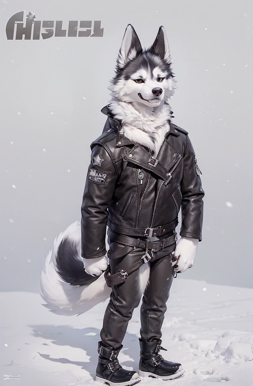 Engrilklenus, husky dog, arctic, strong, muscular, leather jacket, winter pants, snow boots, tail, white paws, black and white fur, star patch