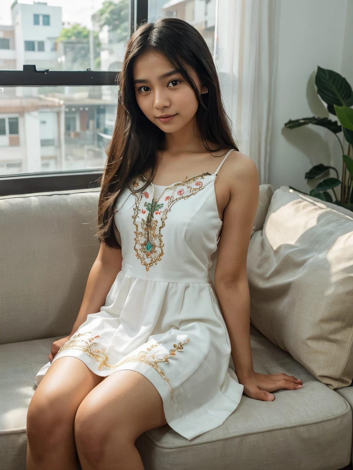 A 14-year-old teenage girl. Asian .cute beauty fair.A citizen of Bangladesh.Black natural silk long hair.Beautiful cute smile.Feminine white dress embroidered with white thread.Sitting on the white sofa at home.The background is a huge window letting in the golden light of the morning sun.Enhanced Realistic Natural Perfect Picture 8K Premium Ultra Pro.x8