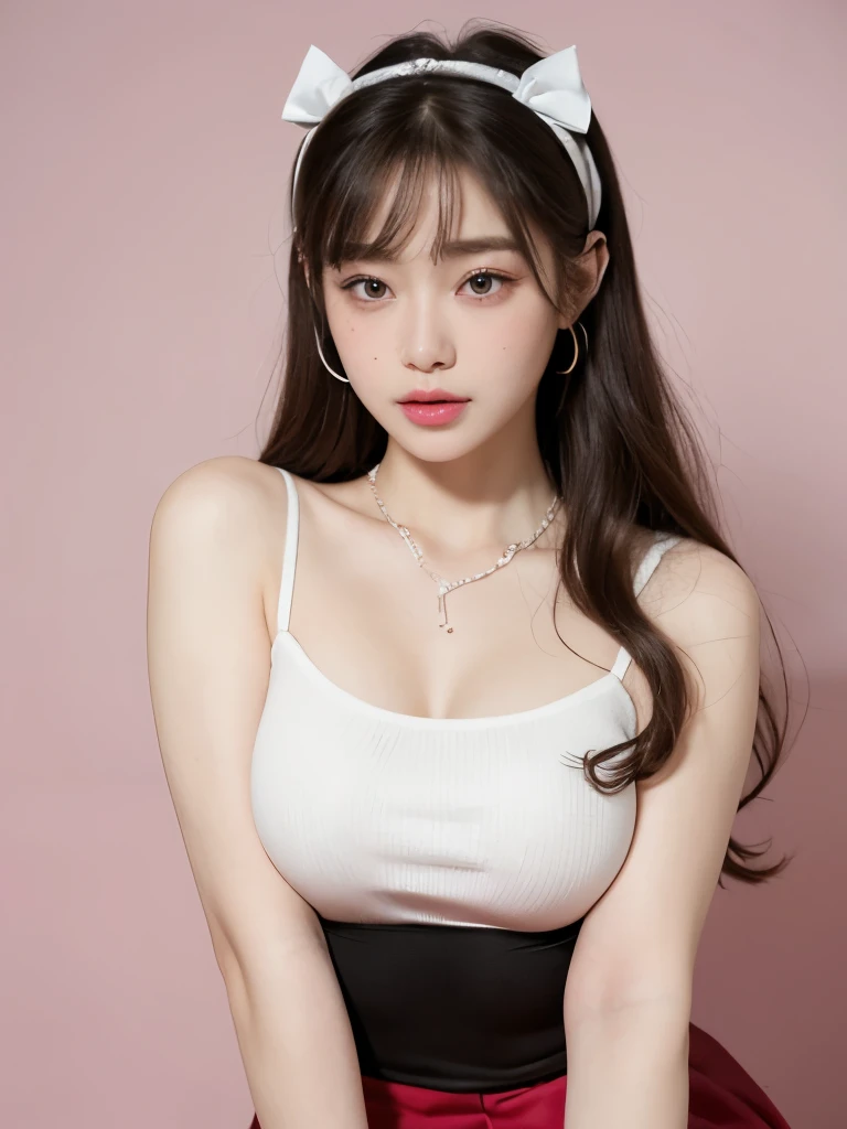 Kim Jennie with white brown hair, with curlers at the ends, with two bows on each side of the hair, all her white hair brown, with a star clip in her white brown hair, light colored eyes, Beautiful eyes, crying eyes, Beautiful, splash nose, watery nose, Beautifuls labios, pink lips, heart and cupid shaped lip, Beautiful skin, pale, White skin, with moles and freckles all over his face, soft pink blush on cheeks, natural pink blush, soft pink makeup, Jennie, Nice neck, marked collar, frown, tender look, with a kiss necklace, a Beautiful kiss necklace, similar a Yumeko Jabami, while using a YK2 Crochet, woolen, with a YK2 style brown miniskirt, while wearing stockings, secretary stockings, medias sexy, while having a bare abdomen, Delgado, marked and Beautiful, (big breasts, soft breasts, Beautifuls pechos), while she cosplays the character Yumeko Jabami, The anime Kakegurui., looking to the camera
