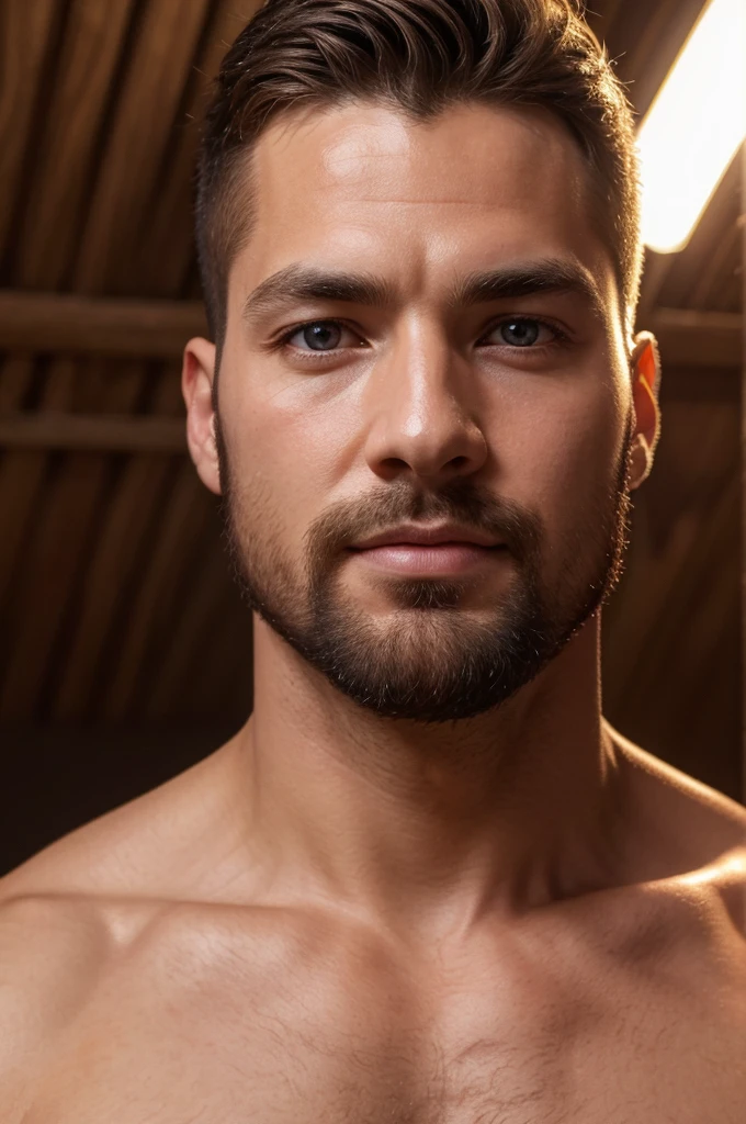 (8K、RAWE Photo、Highest quality、masterpiece:1.2)、(Real、Photorealistic:1.37)、Super detailed、Ultra-high resolution、1 male、Beautiful detailed face、(Feather Cut: 0.6)、Professional Lighting、The lighting is bright、Actor、model、Full body、Wide-angle shot、Daytime、bright , simple background ,Simple Background、Slender、beard、front、Face close-up、