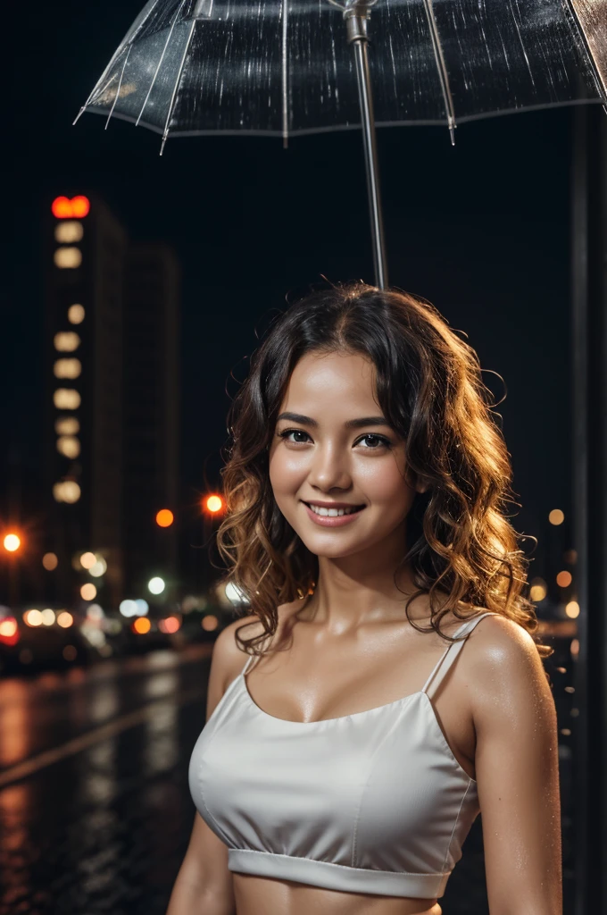 (RAW Photos, 最high quality), (Realistic, photoRealistic: 1.2), (Round face: 1), 1 Girl, Outdoor selfie, (Skin with attention to detail: 1.2), (Puffy eyes), (Lying Silkworm), smile, clavicle, water, curly blond hair, Pure black pleated skirt, Soft lighting, high quality, Cityscape, Skyline, night, rain, Wet, Professional Lighting, Photon Mapping, Radio City, Physically Based Rendering,