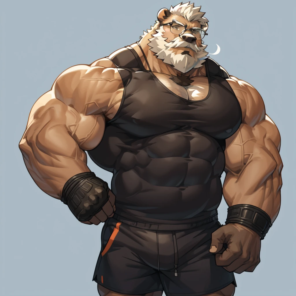solo, 1boy, Huge Muscular Old Grizzly Bear wearing glasses , pectoral, huge pectoral, wide pectoral, short white hair, short pants, black wristbands and black tank top , bearded, Mustache, simple background, masterpiece, high detailed, 8k, high resolution, at the gym, flexes huge muscles