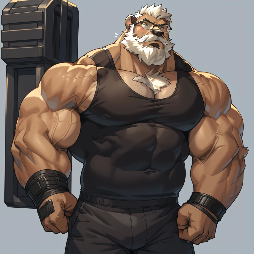 solo, 1boy, Huge Muscular Old Grizzly Bear wearing glasses , pectoral, huge pectoral, wide pectoral, short white hair, short pants, black wristbands and black tank top , bearded, Mustache, simple background, masterpiece, high detailed, 8k, high resolution, at the gym, flexes huge muscles