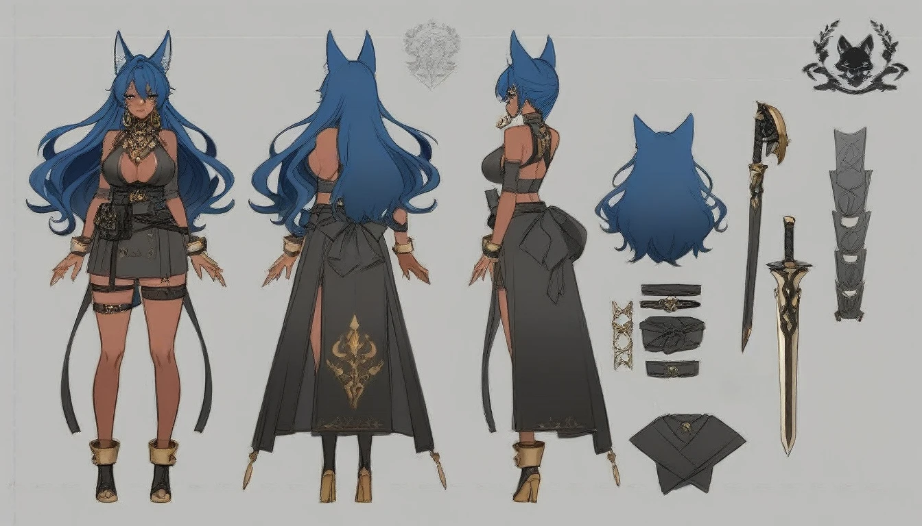 1 Girl，Cat ears，Dark skin tone的女性，Dark skin tone，clothing，earrings，Jackal ears，Jewelry，Long hair,，beautiful girl,Standing，Sexy pose，Blue Hair，skin，Keep your mouth shut，Wear，whole body，solo，Standing, character model sheet turnaround, character turnaround, Animation character design, whole body拍摄转身, detailed whole body概念艺术, Colorful Concept Art, Anime Concept Art, whole body角色概念艺术, whole body概念艺术, game character concept art, Reference Model Table, Character Concept Reference Art，